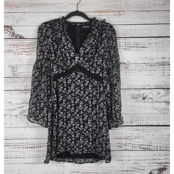 Express Mini Dress 0 Womens Long Sheer Sleeves V Neck Black White Back Zip - Picture 1 of 10